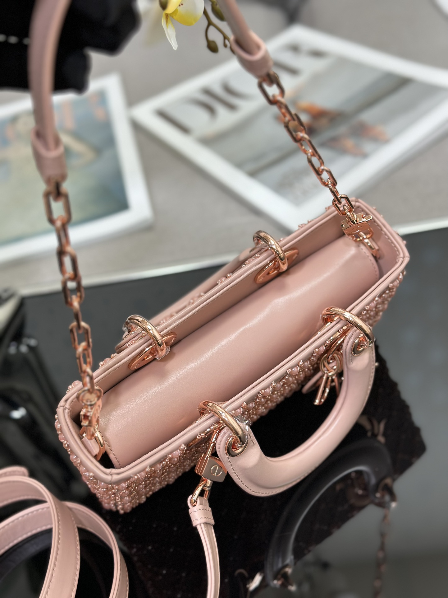 Small Lady D-Joy Bag Pink Calfskin Embroidered with Rose Gold Pearl 